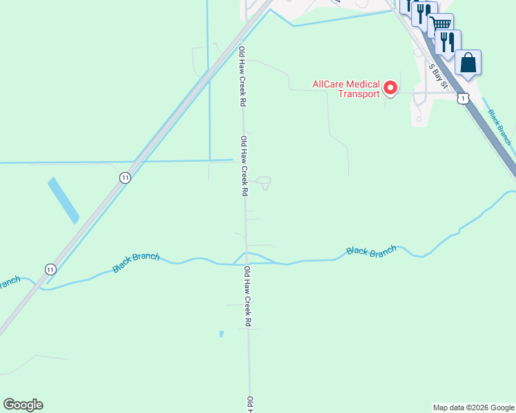 map of restaurants, bars, coffee shops, grocery stores, and more near 597 Old Haw Creek Road in Bunnell