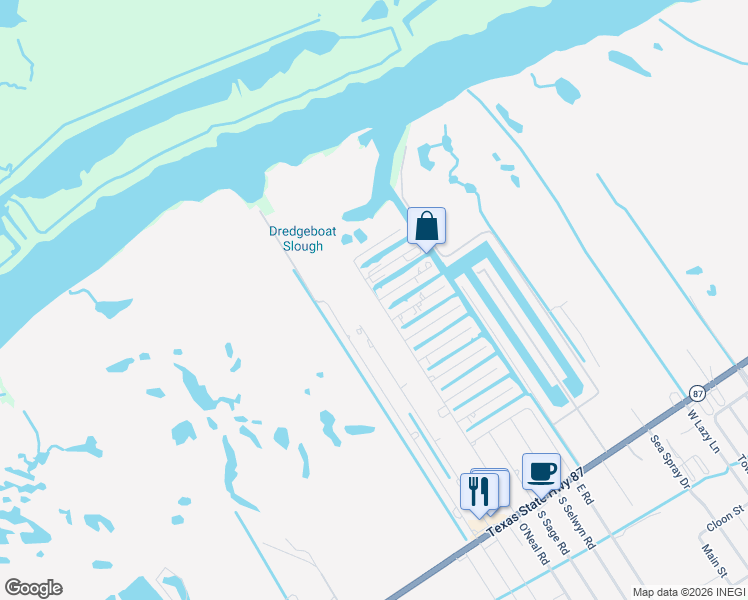 map of restaurants, bars, coffee shops, grocery stores, and more near 1269 O' Neil Road in Bolivar Peninsula