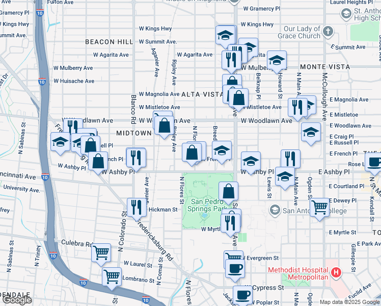 map of restaurants, bars, coffee shops, grocery stores, and more near 814 West Russell Place in San Antonio