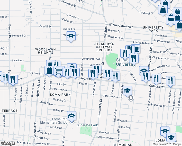 map of restaurants, bars, coffee shops, grocery stores, and more near 151 Brandywine Avenue in San Antonio