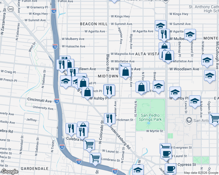 map of restaurants, bars, coffee shops, grocery stores, and more near 1102 West Russell Place in San Antonio
