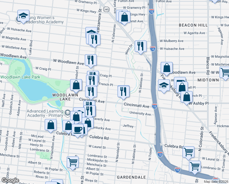 map of restaurants, bars, coffee shops, grocery stores, and more near 1622 West French Place in San Antonio