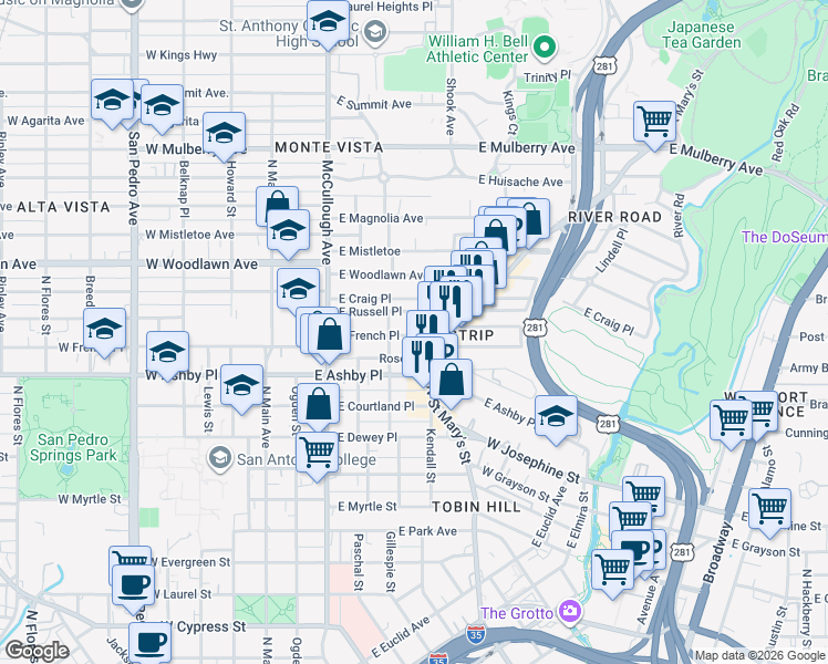 map of restaurants, bars, coffee shops, grocery stores, and more near 310 East Russell Place in San Antonio