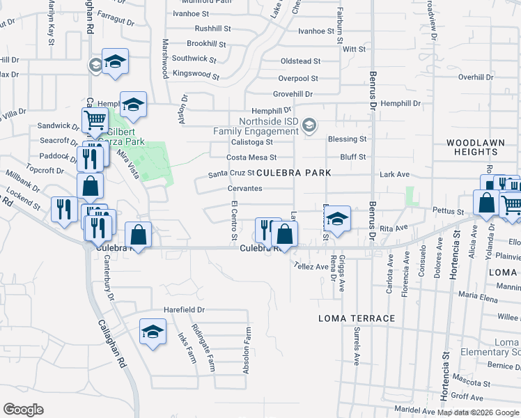 map of restaurants, bars, coffee shops, grocery stores, and more near 5343 San Benito Drive in San Antonio