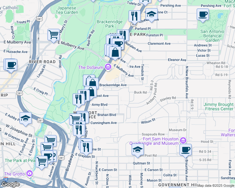 map of restaurants, bars, coffee shops, grocery stores, and more near 293 Post Avenue in San Antonio
