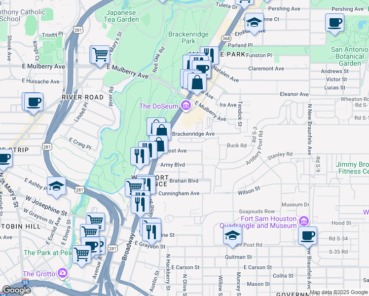map of restaurants, bars, coffee shops, grocery stores, and more near 253 Post Avenue in San Antonio