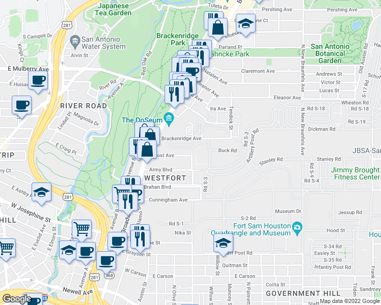 map of restaurants, bars, coffee shops, grocery stores, and more near 293 Post Avenue in San Antonio