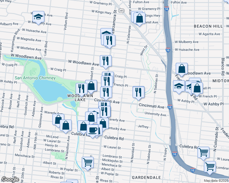 map of restaurants, bars, coffee shops, grocery stores, and more near 1730 West French Place in San Antonio