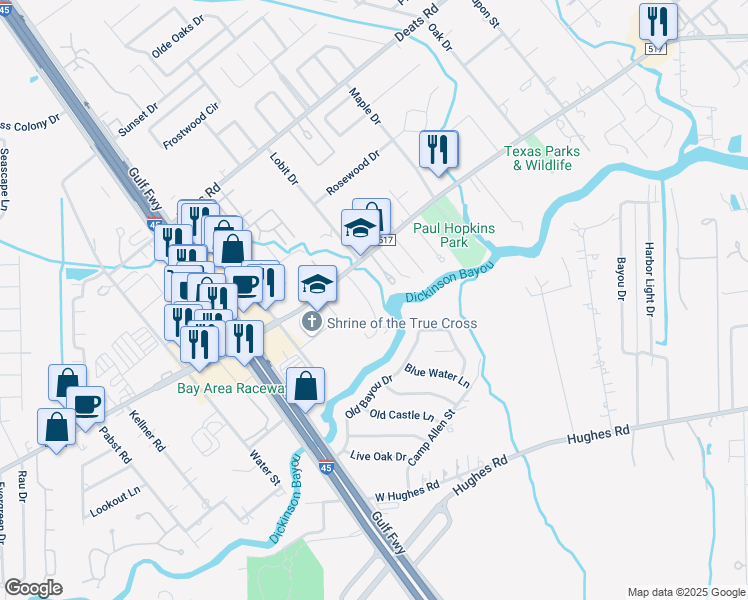map of restaurants, bars, coffee shops, grocery stores, and more near 3807 Pine Manor Lane in Dickinson