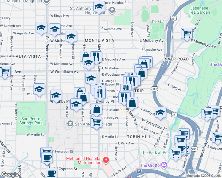map of restaurants, bars, coffee shops, grocery stores, and more near 250 East Russell Place in San Antonio