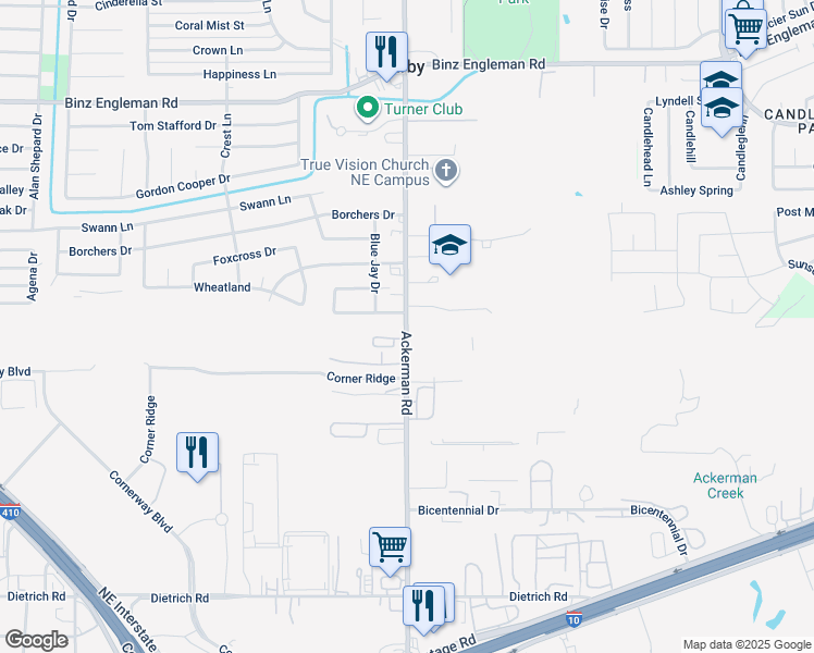 map of restaurants, bars, coffee shops, grocery stores, and more near 2520 Ackerman Road in Kirby