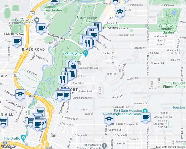 map of restaurants, bars, coffee shops, grocery stores, and more near 293 Post Avenue in San Antonio