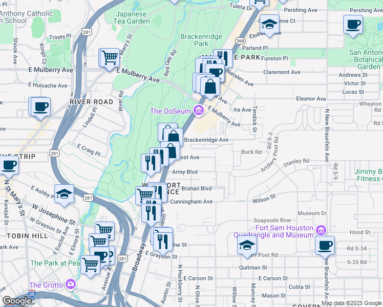 map of restaurants, bars, coffee shops, grocery stores, and more near 253 Post Avenue in San Antonio