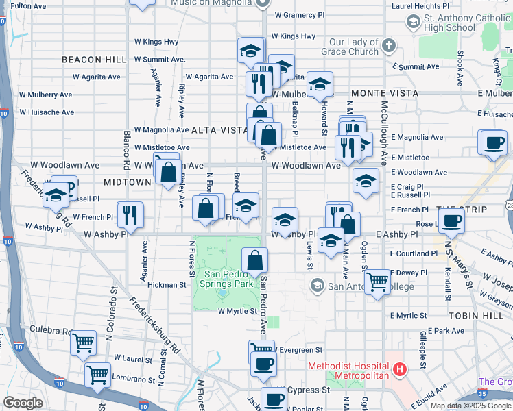 map of restaurants, bars, coffee shops, grocery stores, and more near 626 West Russell Place in San Antonio