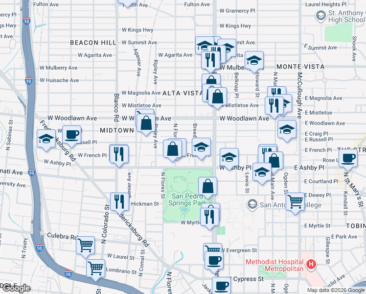 map of restaurants, bars, coffee shops, grocery stores, and more near 723 West Russell Place in San Antonio