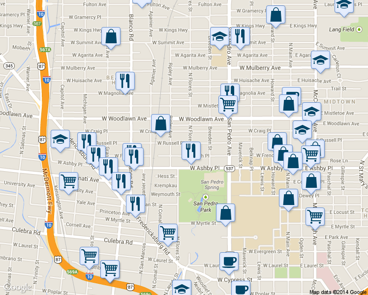 map of restaurants, bars, coffee shops, grocery stores, and more near 814 West Russell Place in San Antonio