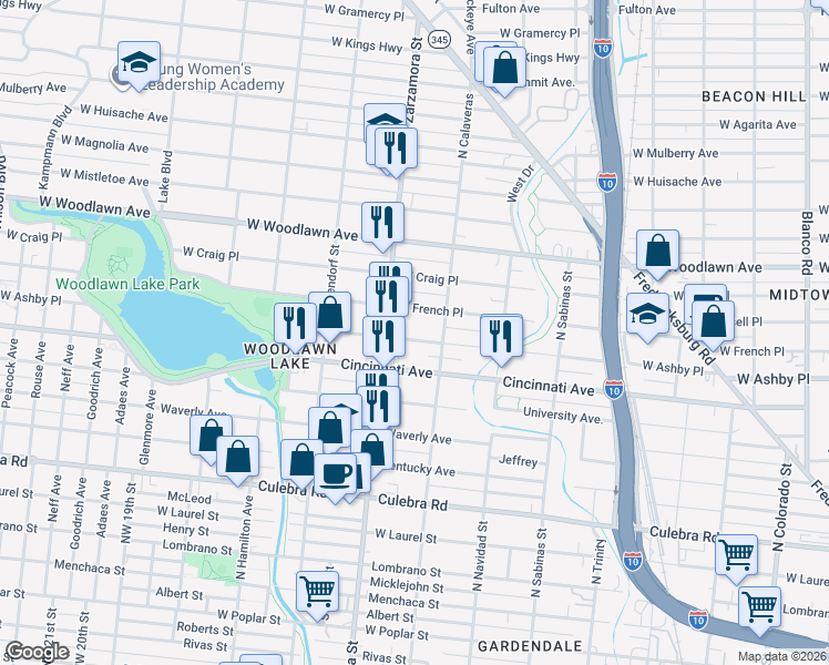 map of restaurants, bars, coffee shops, grocery stores, and more near 1730 West French Place in San Antonio