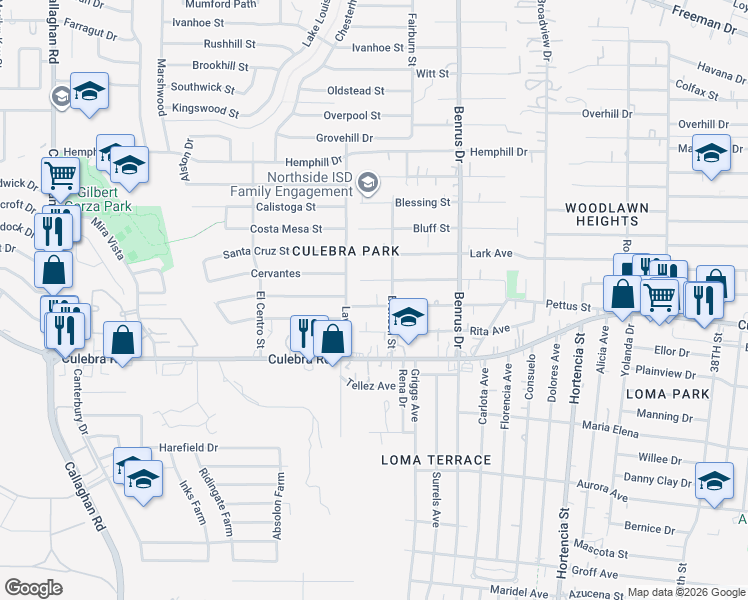 map of restaurants, bars, coffee shops, grocery stores, and more near 5226 Bartmer Avenue in San Antonio