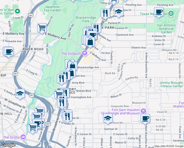 map of restaurants, bars, coffee shops, grocery stores, and more near 293 Post Avenue in San Antonio