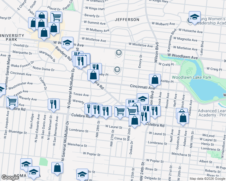 map of restaurants, bars, coffee shops, grocery stores, and more near 2126 Cincinnati Avenue in San Antonio
