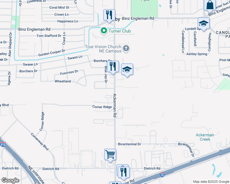 map of restaurants, bars, coffee shops, grocery stores, and more near 2440 Ackerman Road in San Antonio