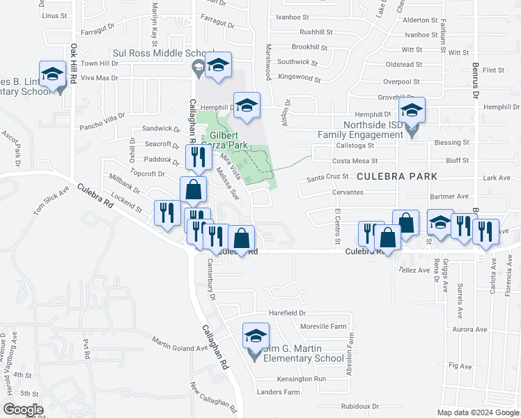 map of restaurants, bars, coffee shops, grocery stores, and more near 5622 Sunkist in San Antonio
