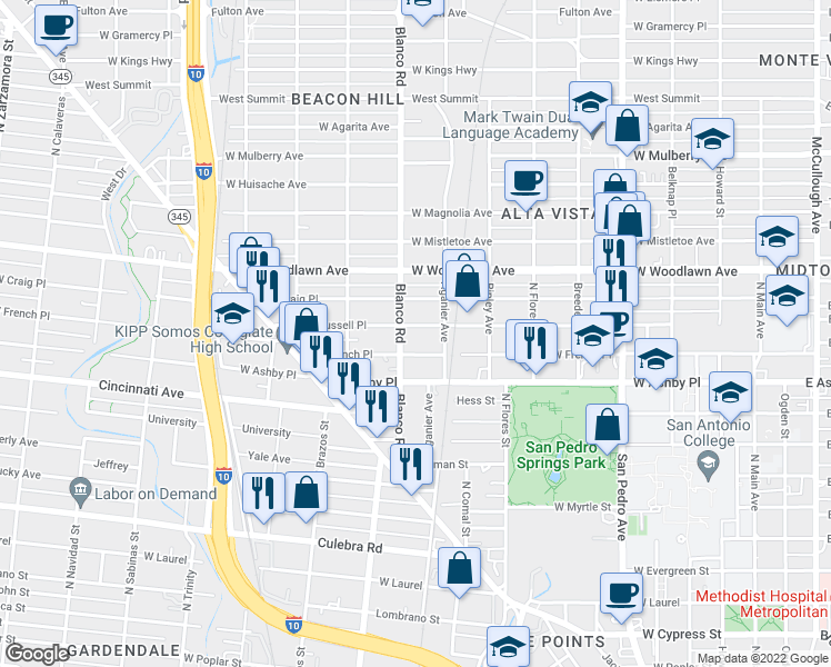 map of restaurants, bars, coffee shops, grocery stores, and more near 1030 West Russell Place in San Antonio
