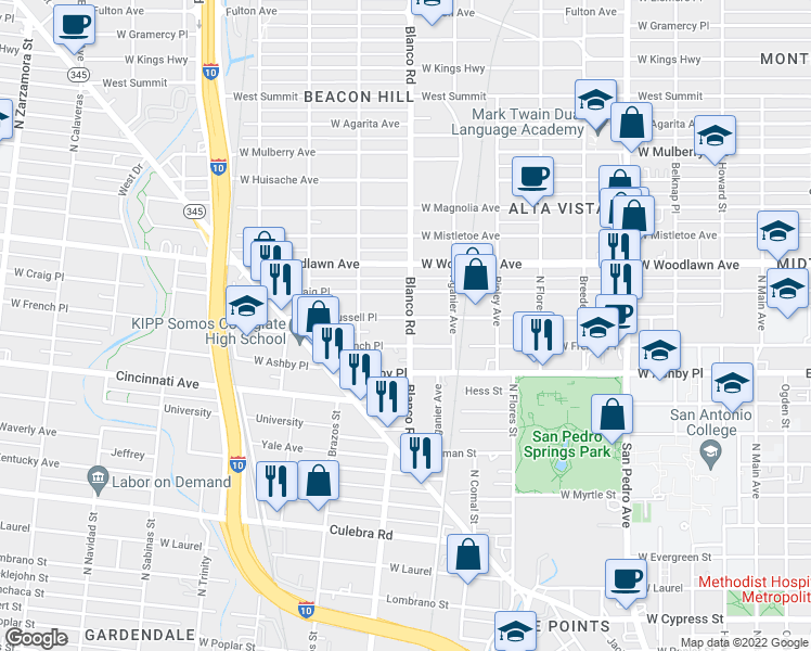 map of restaurants, bars, coffee shops, grocery stores, and more near 1102 West Russell Place in San Antonio