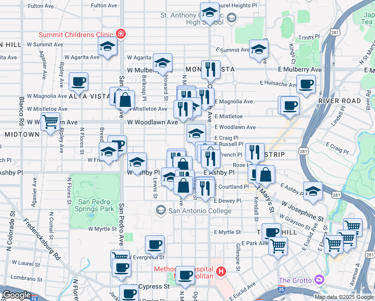 map of restaurants, bars, coffee shops, grocery stores, and more near 105 East French Place in San Antonio