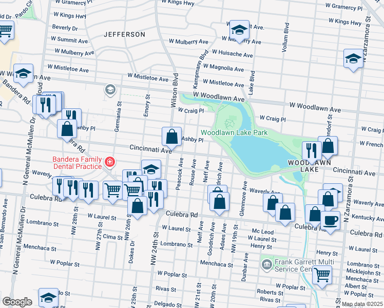 map of restaurants, bars, coffee shops, grocery stores, and more near 1706 Cincinnati Avenue in San Antonio