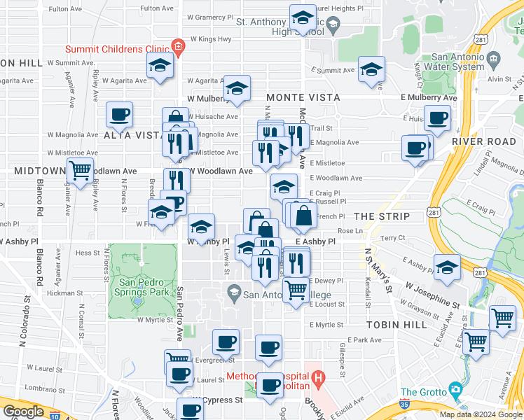 map of restaurants, bars, coffee shops, grocery stores, and more near 109 West French Place in San Antonio