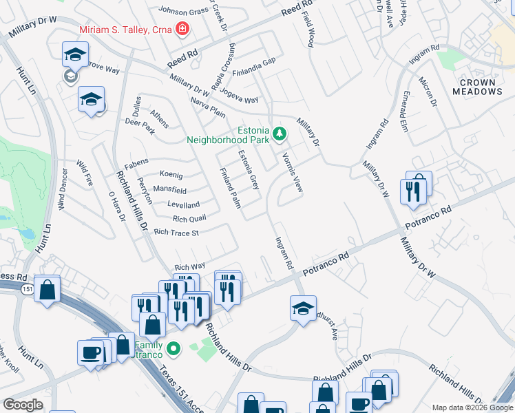 map of restaurants, bars, coffee shops, grocery stores, and more near 8623 Kihnu Willow in San Antonio