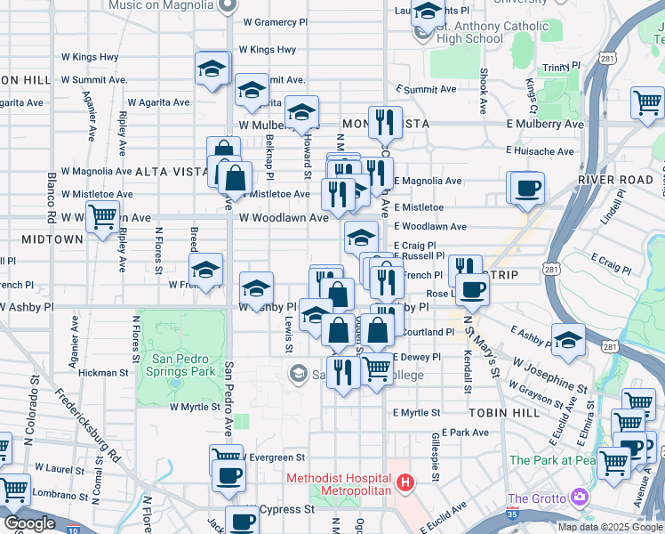 map of restaurants, bars, coffee shops, grocery stores, and more near 109 West French Place in San Antonio