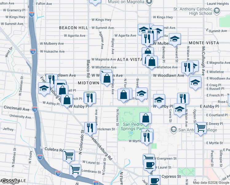 map of restaurants, bars, coffee shops, grocery stores, and more near 814 West Russell Place in San Antonio