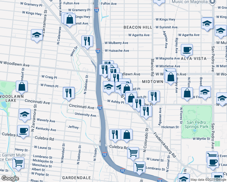map of restaurants, bars, coffee shops, grocery stores, and more near 1327 West French Place in San Antonio