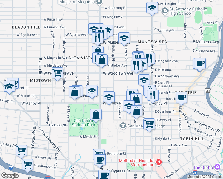 map of restaurants, bars, coffee shops, grocery stores, and more near 421 Belknap Place in San Antonio