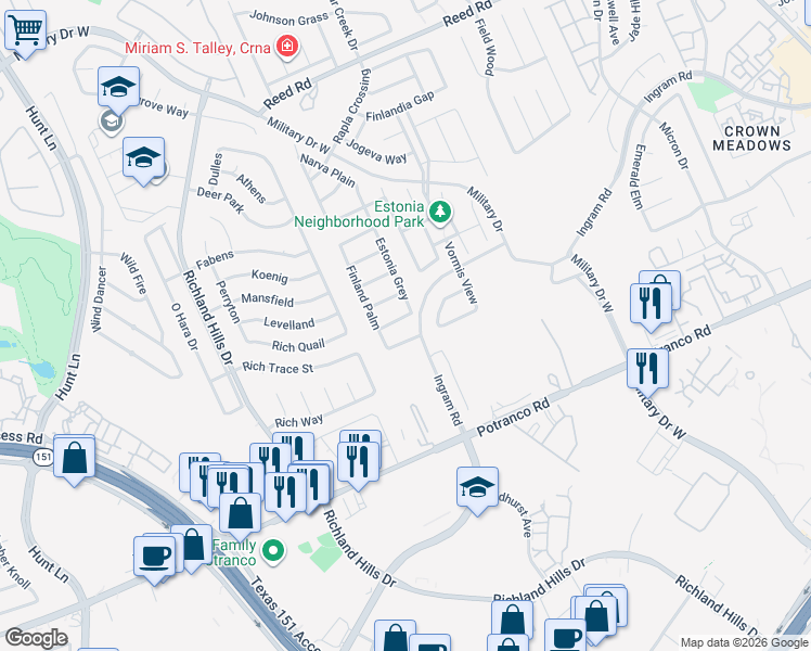 map of restaurants, bars, coffee shops, grocery stores, and more near 8623 Kihnu Willow in San Antonio