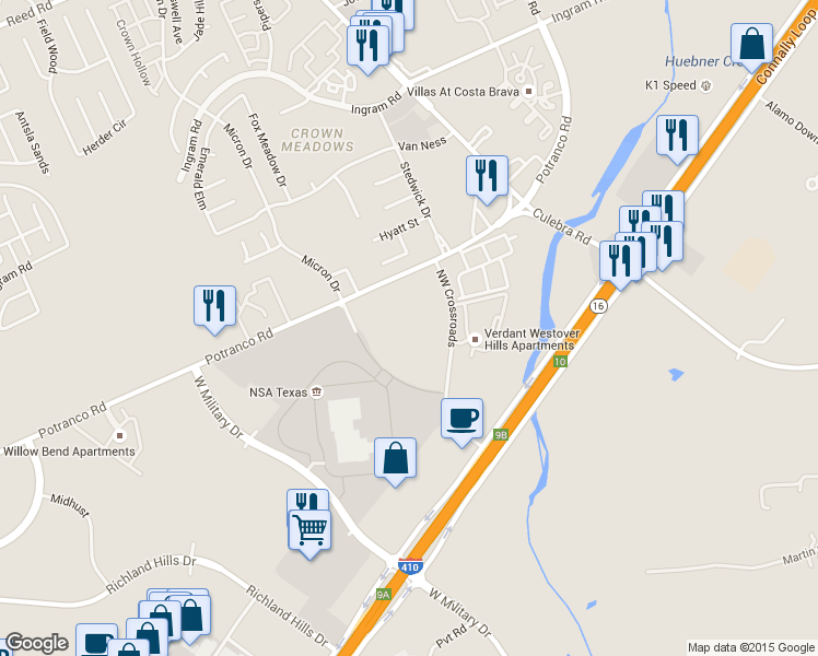 map of restaurants, bars, coffee shops, grocery stores, and more near 7400 Potranco Road in San Antonio