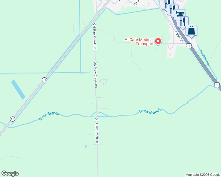 map of restaurants, bars, coffee shops, grocery stores, and more near 597 Old Haw Creek Road in Bunnell
