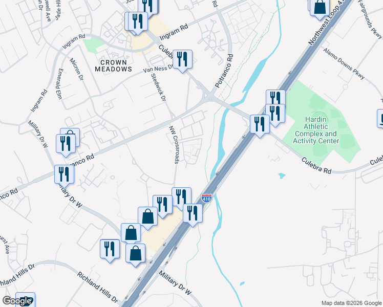 map of restaurants, bars, coffee shops, grocery stores, and more near 1530 Northwest Crossroads in San Antonio