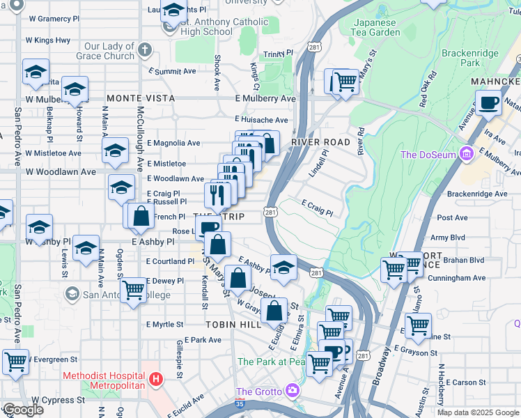 map of restaurants, bars, coffee shops, grocery stores, and more near 151 Valdez Place in San Antonio