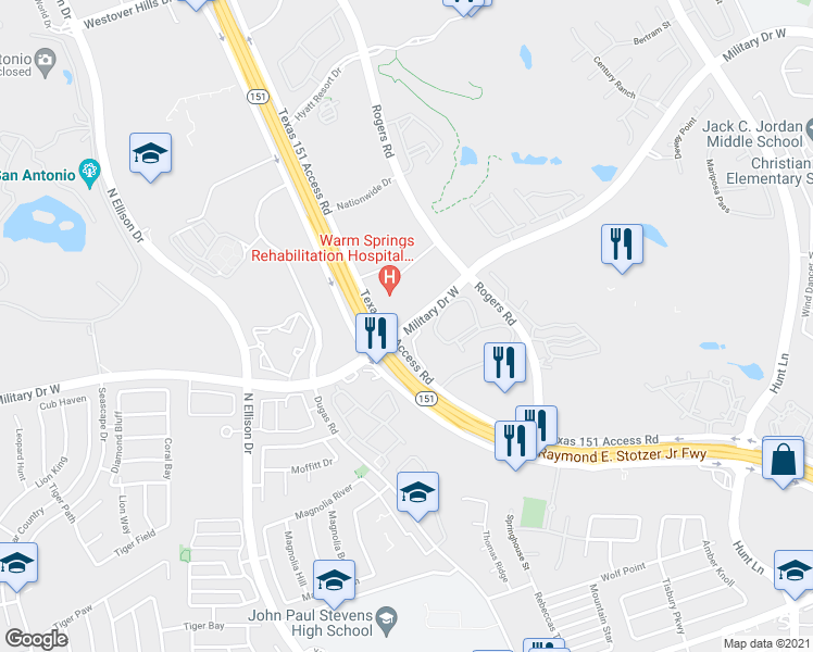 map of restaurants, bars, coffee shops, grocery stores, and more near Military Drive West in San Antonio