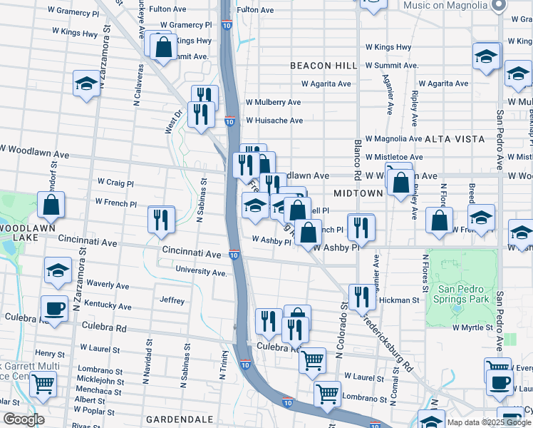 map of restaurants, bars, coffee shops, grocery stores, and more near 1327 West French Place in San Antonio