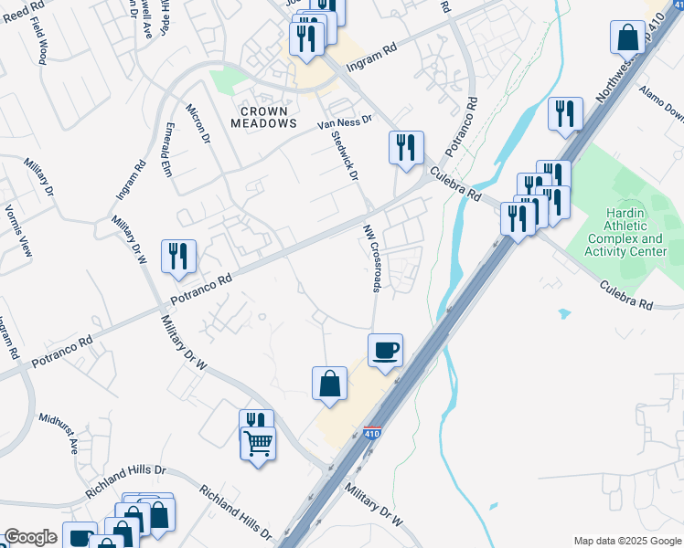 map of restaurants, bars, coffee shops, grocery stores, and more near 7400 Potranco Road in San Antonio