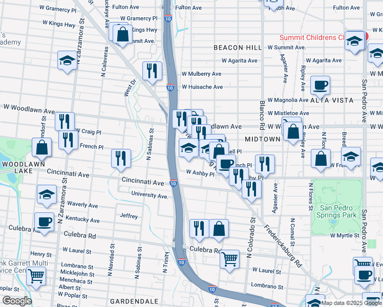 map of restaurants, bars, coffee shops, grocery stores, and more near 1327 West French Place in San Antonio