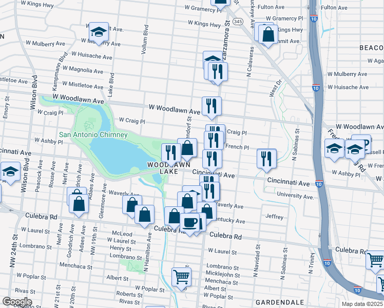 map of restaurants, bars, coffee shops, grocery stores, and more near 1943 West Ashby Place in San Antonio