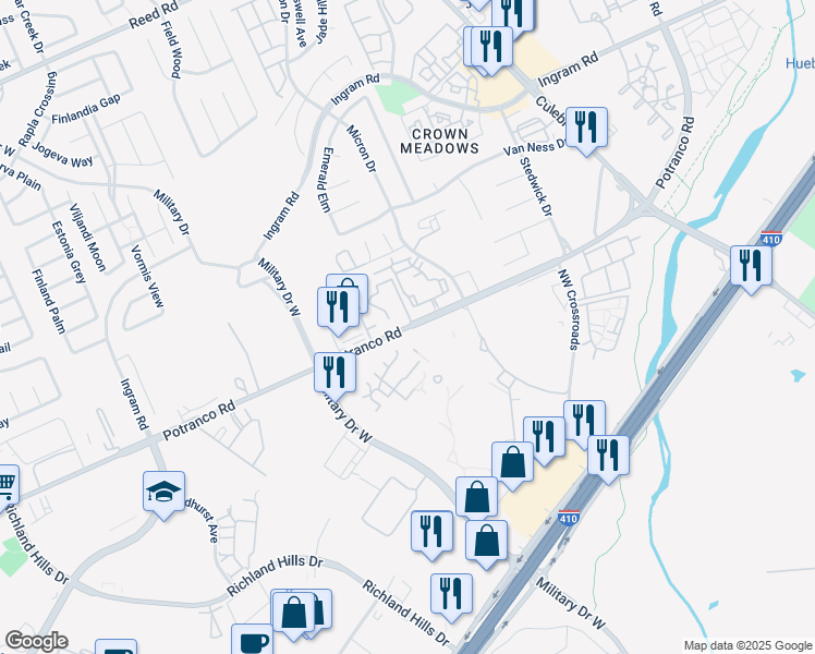 map of restaurants, bars, coffee shops, grocery stores, and more near 7999 Potranco Road in San Antonio