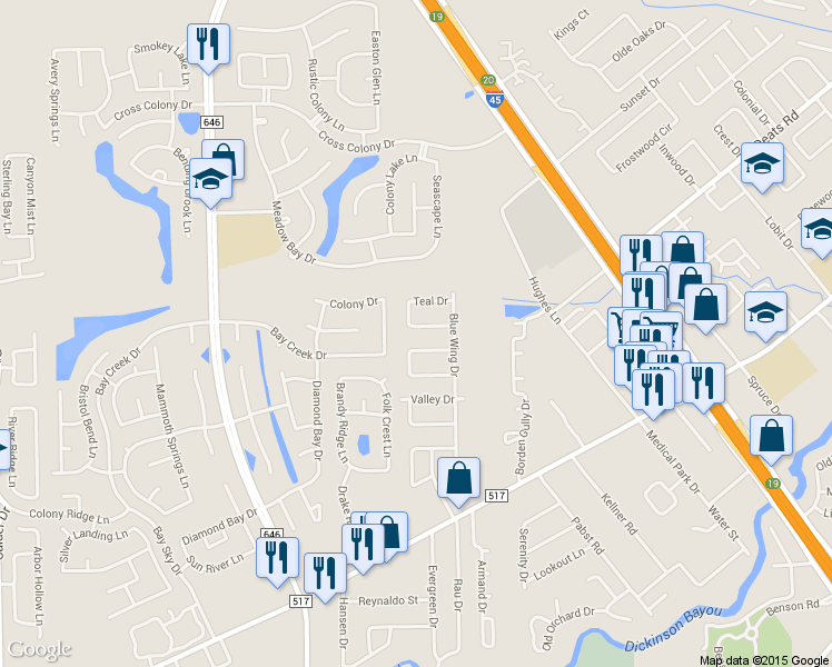 map of restaurants, bars, coffee shops, grocery stores, and more near 533 Teal Drive in Dickinson