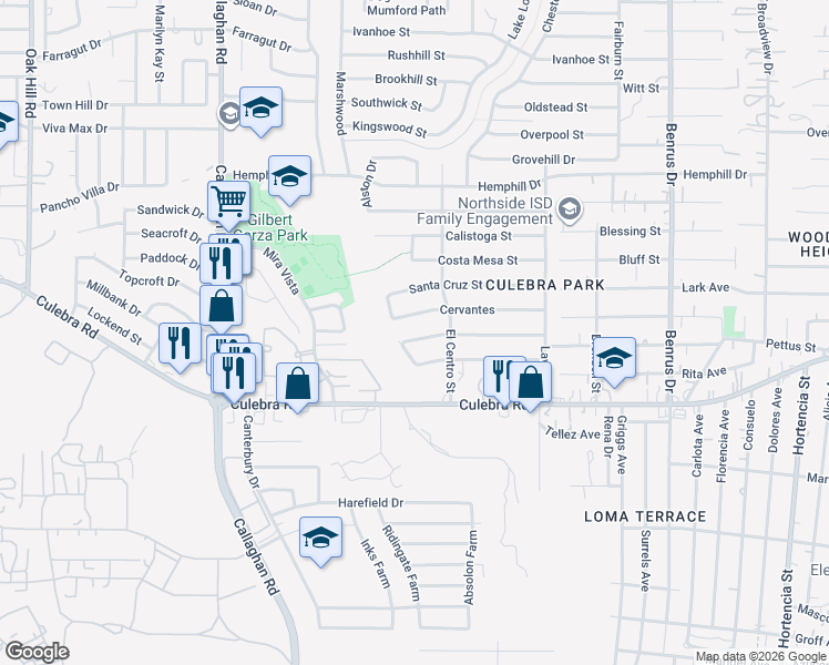 map of restaurants, bars, coffee shops, grocery stores, and more near 5427 San Benito Dr in San Antonio
