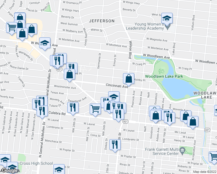 map of restaurants, bars, coffee shops, grocery stores, and more near 2010 Cincinnati Avenue in San Antonio